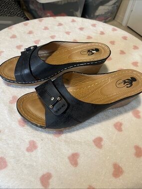 MK Faux-Leather Black Wedge Slide Sandals